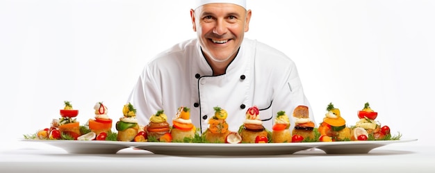 Uśmiechający się kucharz podającego potrawę